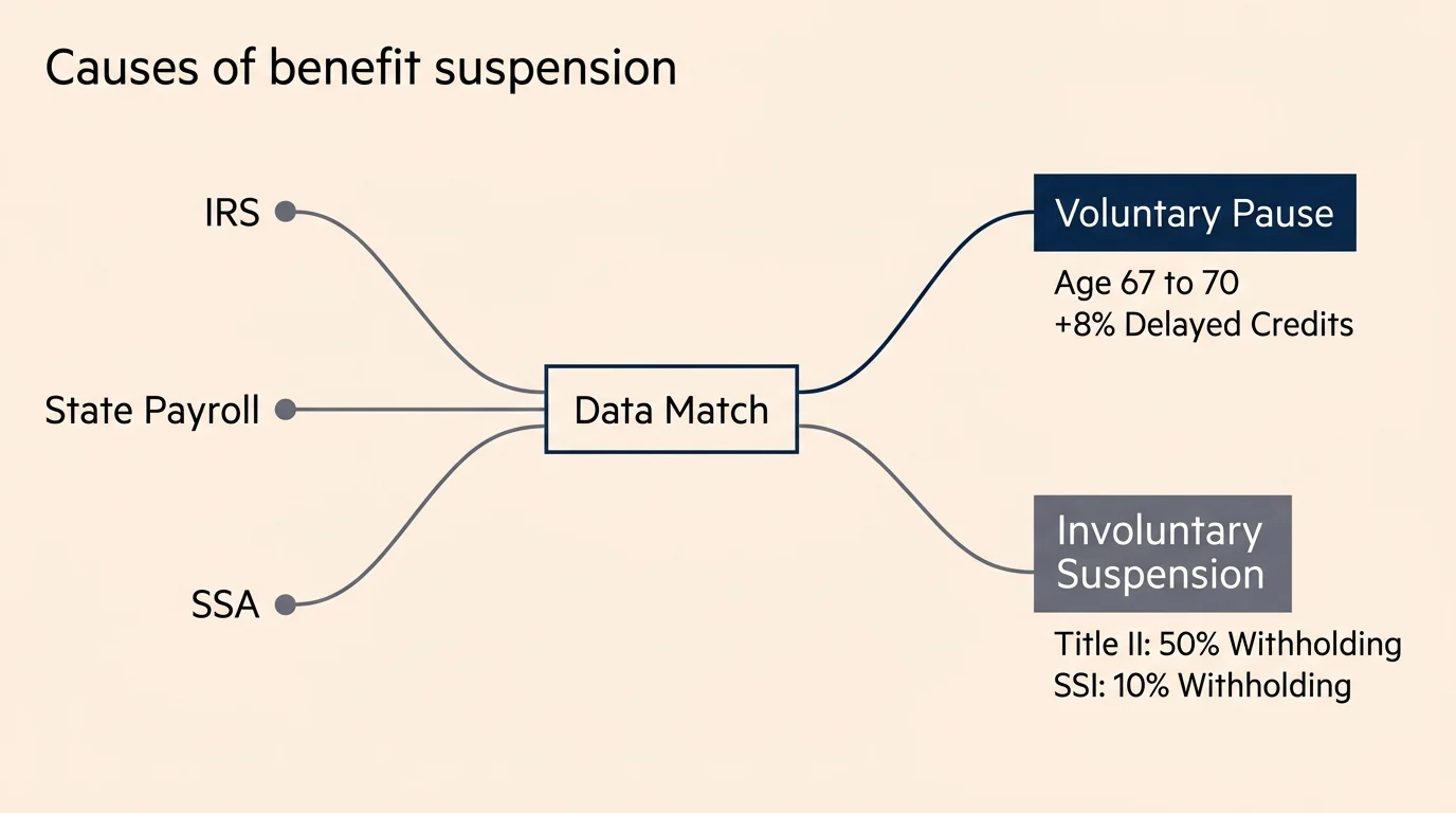 A clean, horizontal diagram showing the data match process leading to voluntary suspension or involuntary withholding rates of 50% and 10%.