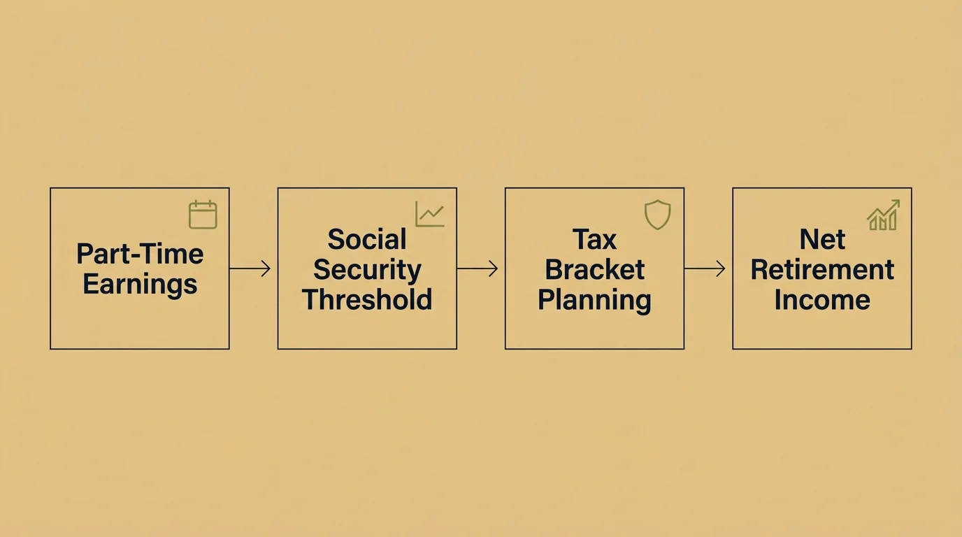 A clean horizontal financial flow diagram tracking part-time earnings, social security thresholds, and tax bracket planning.