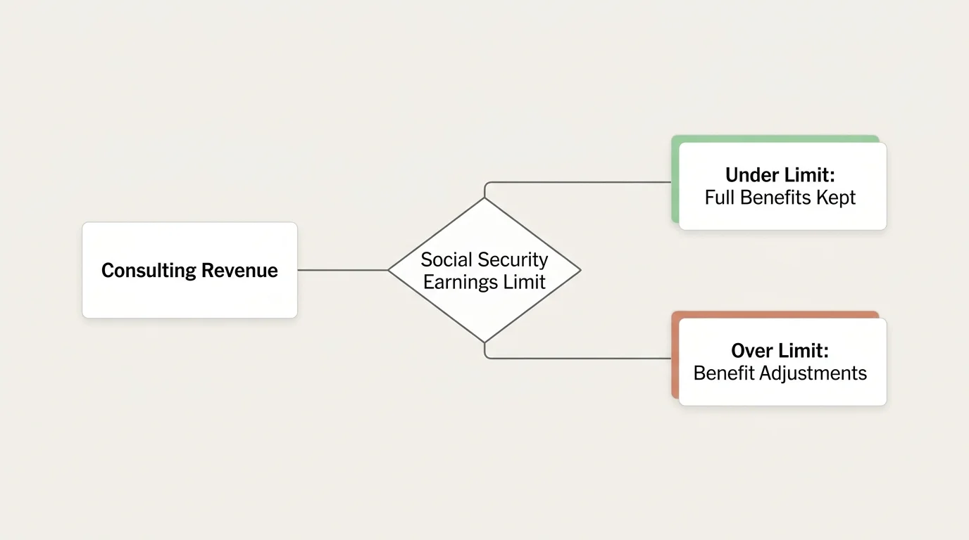 A clean, horizontal flow diagram mapping how consulting revenue interacts with the Social Security earnings limit.