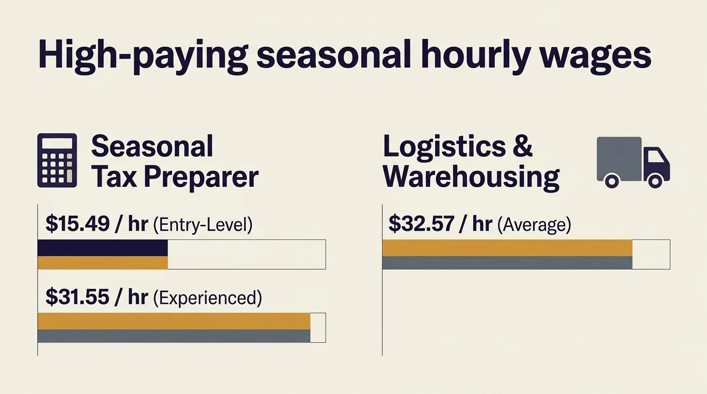 A clean horizontal infographic comparing seasonal pay rates of tax preparers and logistics workers.