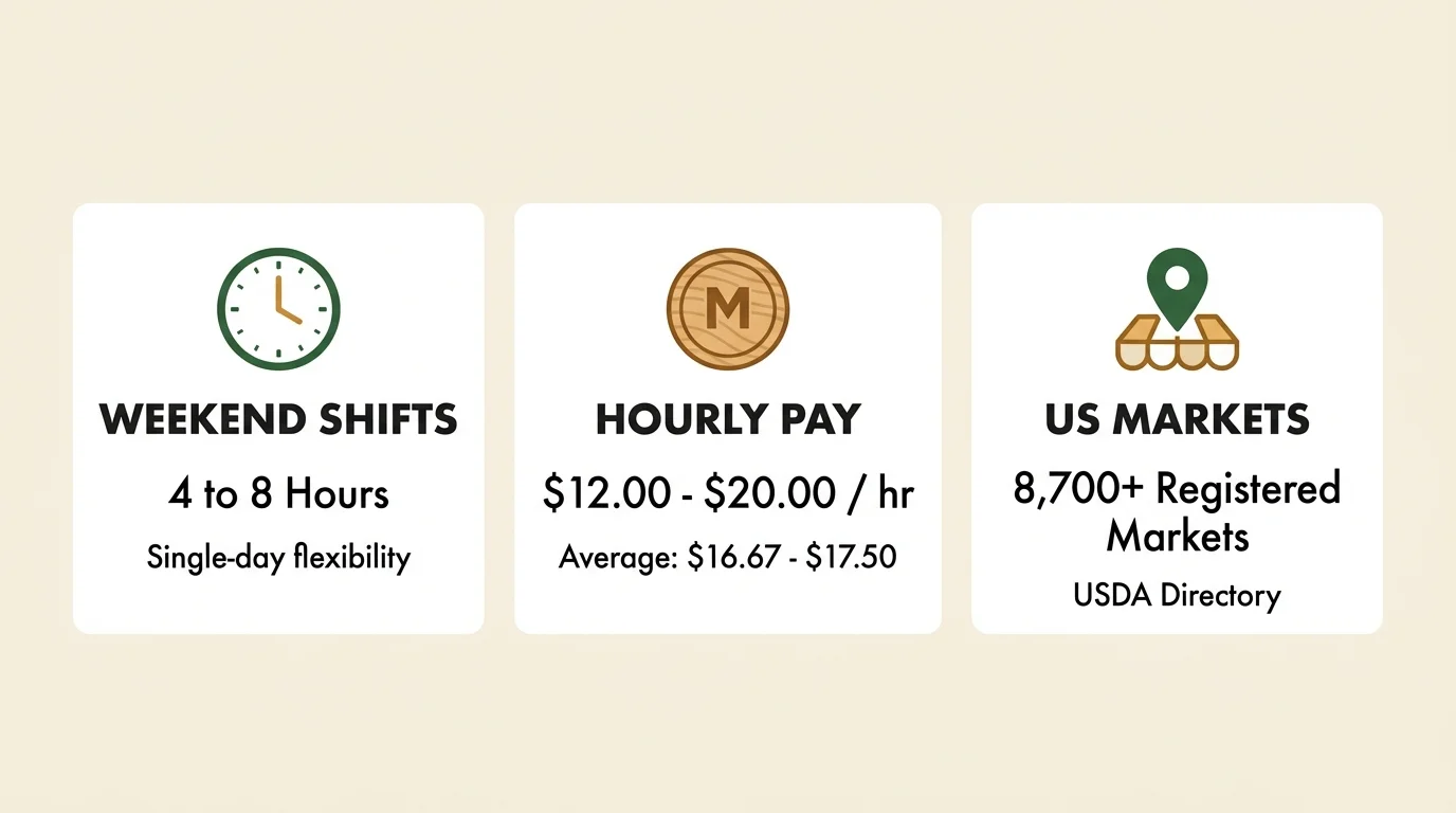 A clean horizontal infographic displaying key farmers market job details: 4-to-8-hour shifts, $12 to $20 hourly pay, and 8,700+ markets.