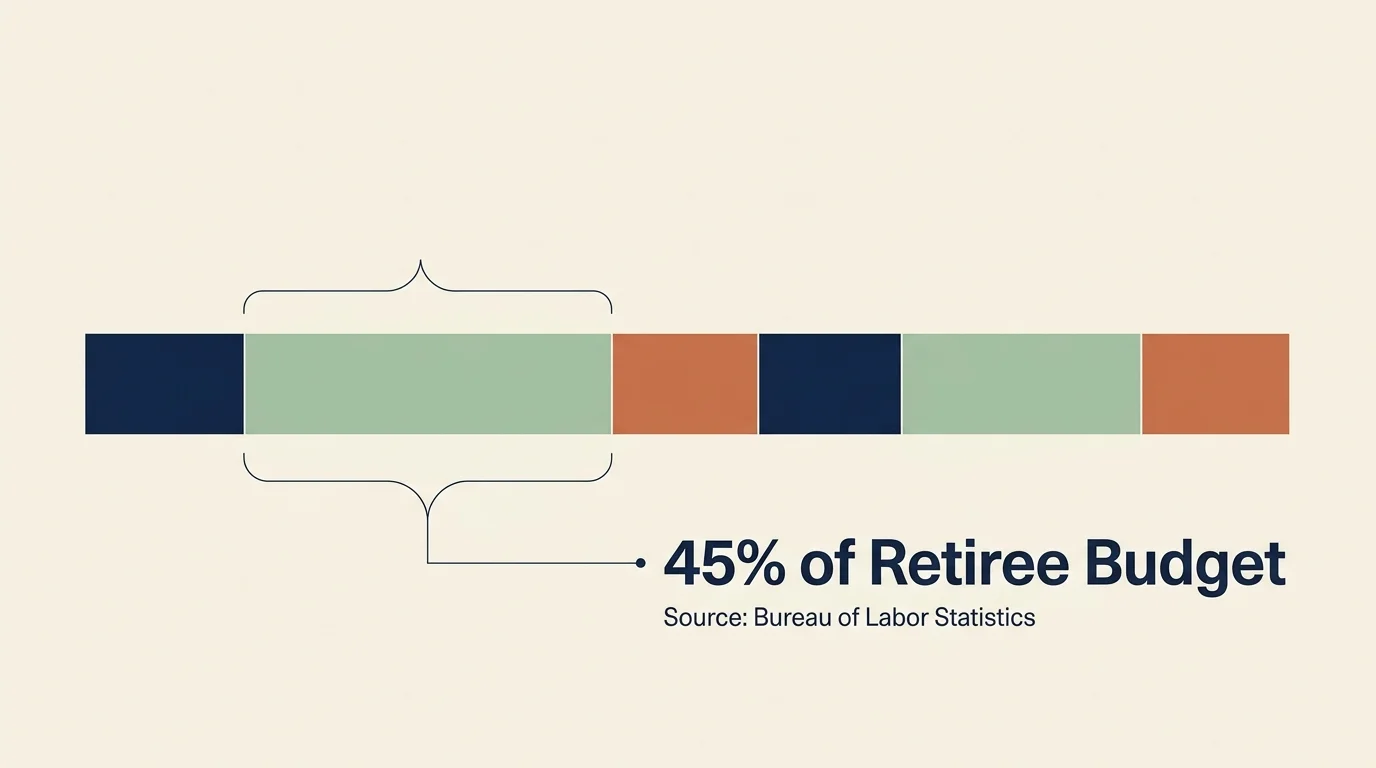 A clean, horizontal infographic illustrating that housing and healthcare consume 45% of an average retiree's annual budget.