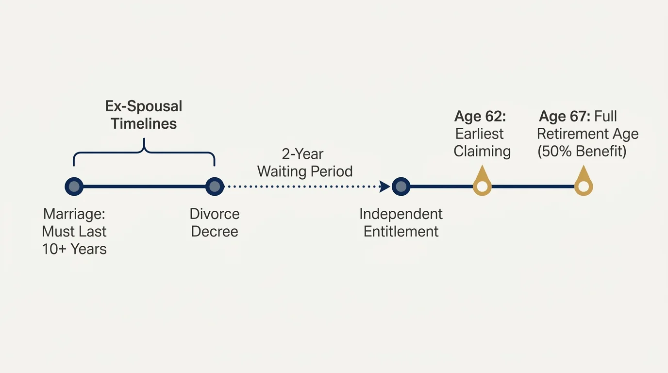A clean horizontal timeline diagram illustrating the 10-year marriage rule, the 2-year divorce rule, and claiming ages 62 and 67.