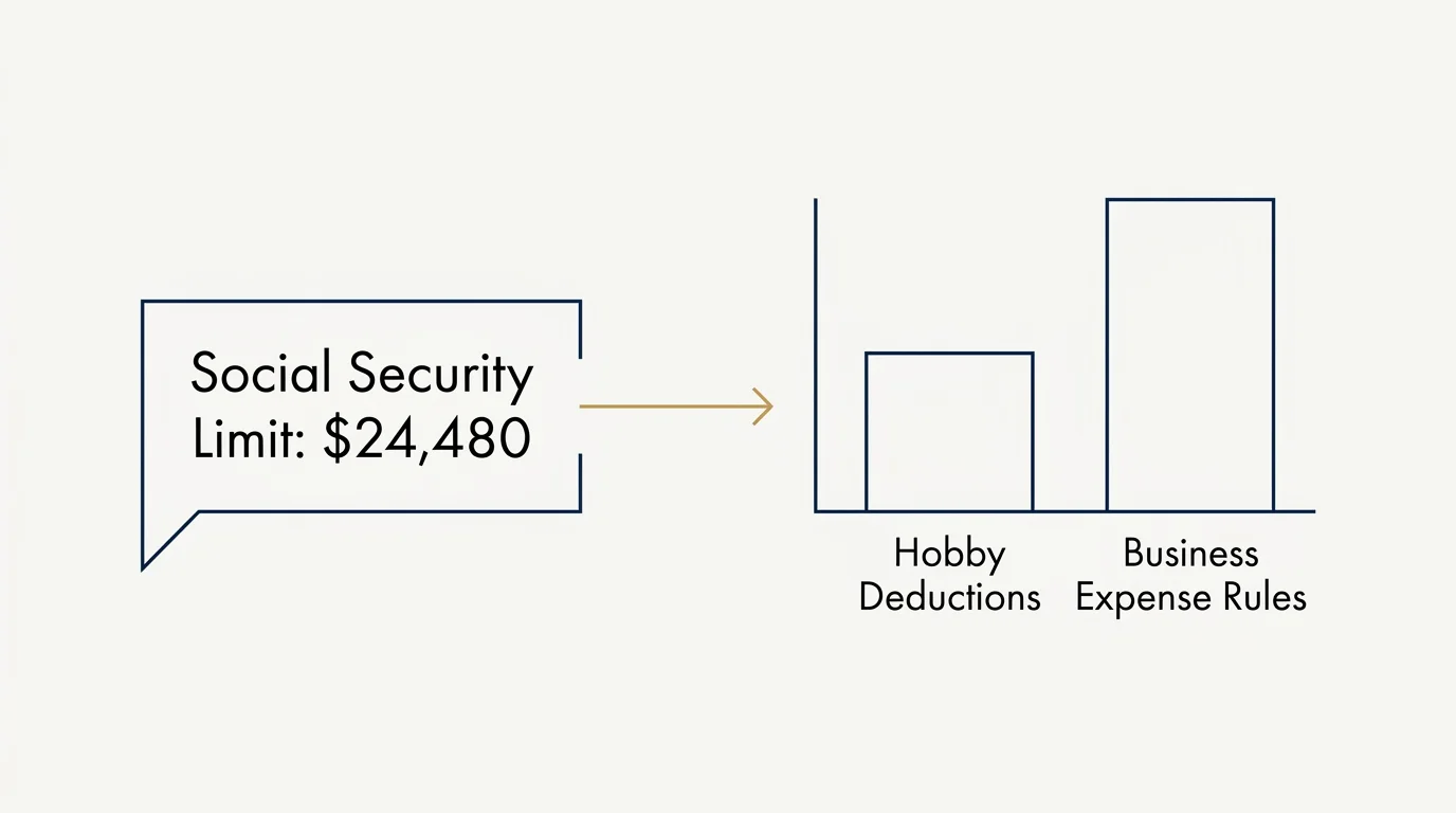 A clean, minimalist financial diagram outlining the Social Security earnings limit of $24,480 and business tax rules.