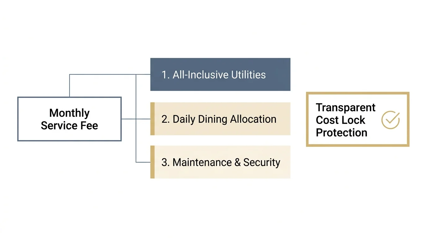 A clear financial diagram showing how a monthly service fee splits transparently into utilities, dining, and maintenance.