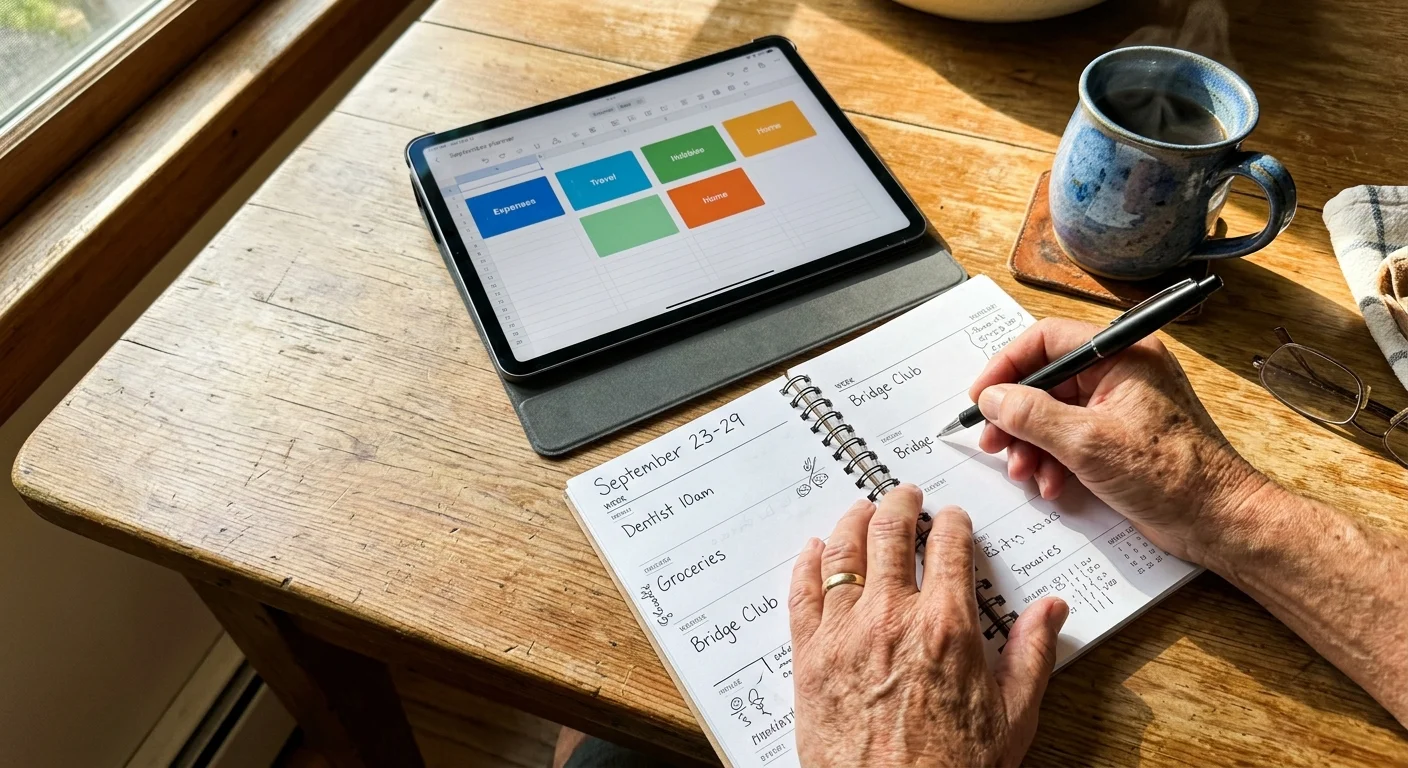A close-up of a person's hands writing in a physical planner next to an iPad with a spreadsheet on a sunlit wooden table.
