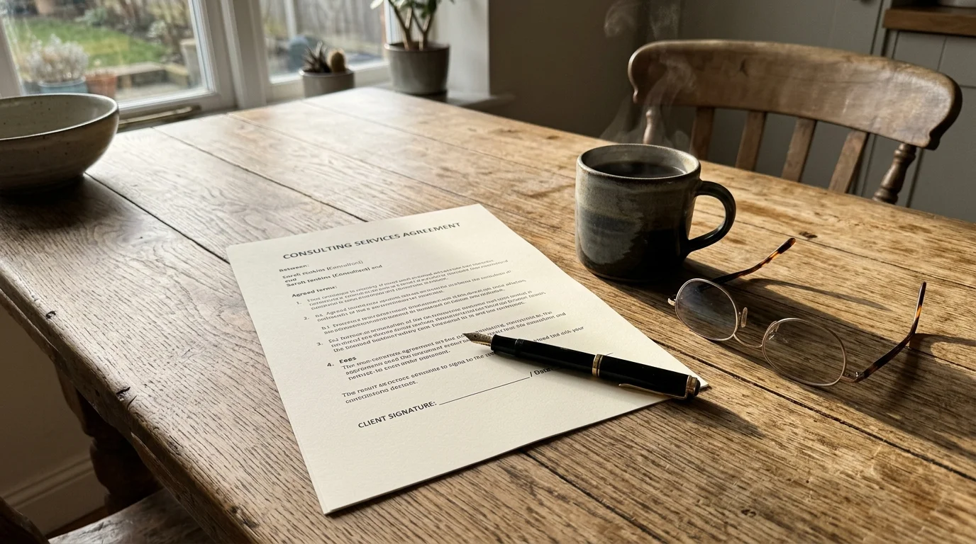 A close-up photograph of a consulting contract, fountain pen, glasses, and a coffee mug on a rustic wooden table.