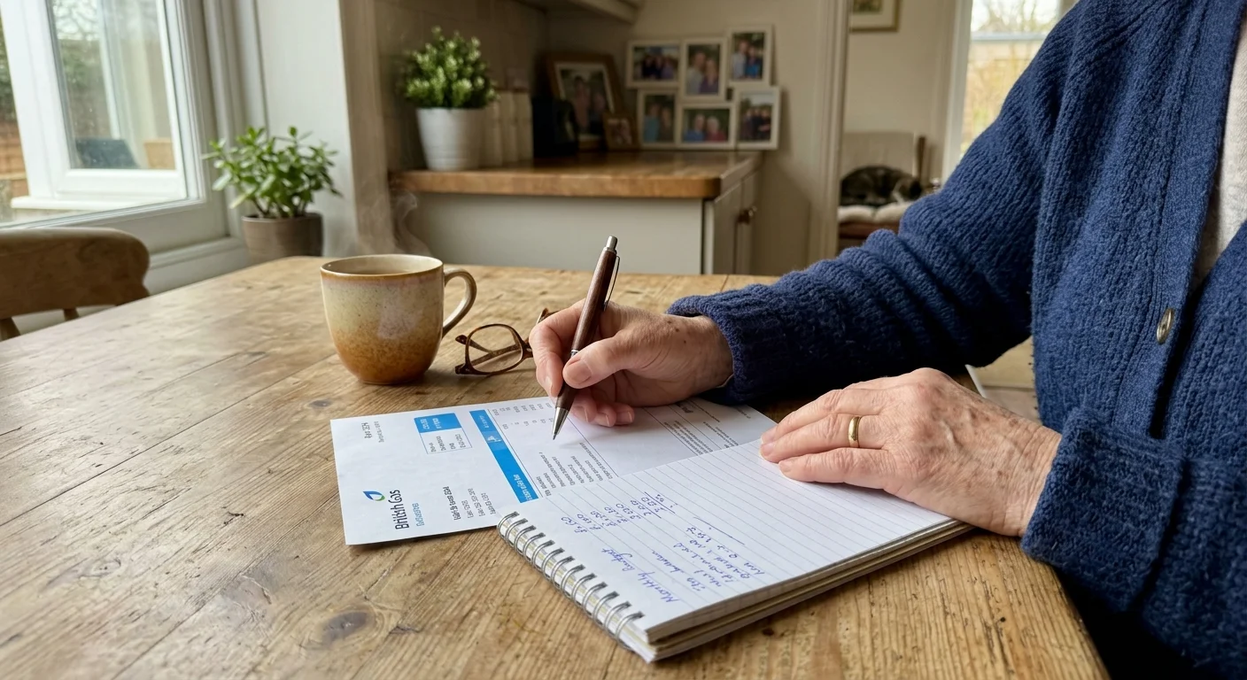 A close-up photograph of an older adult's hands reviewing bills and budget calculations at a sunlit wooden kitchen table.