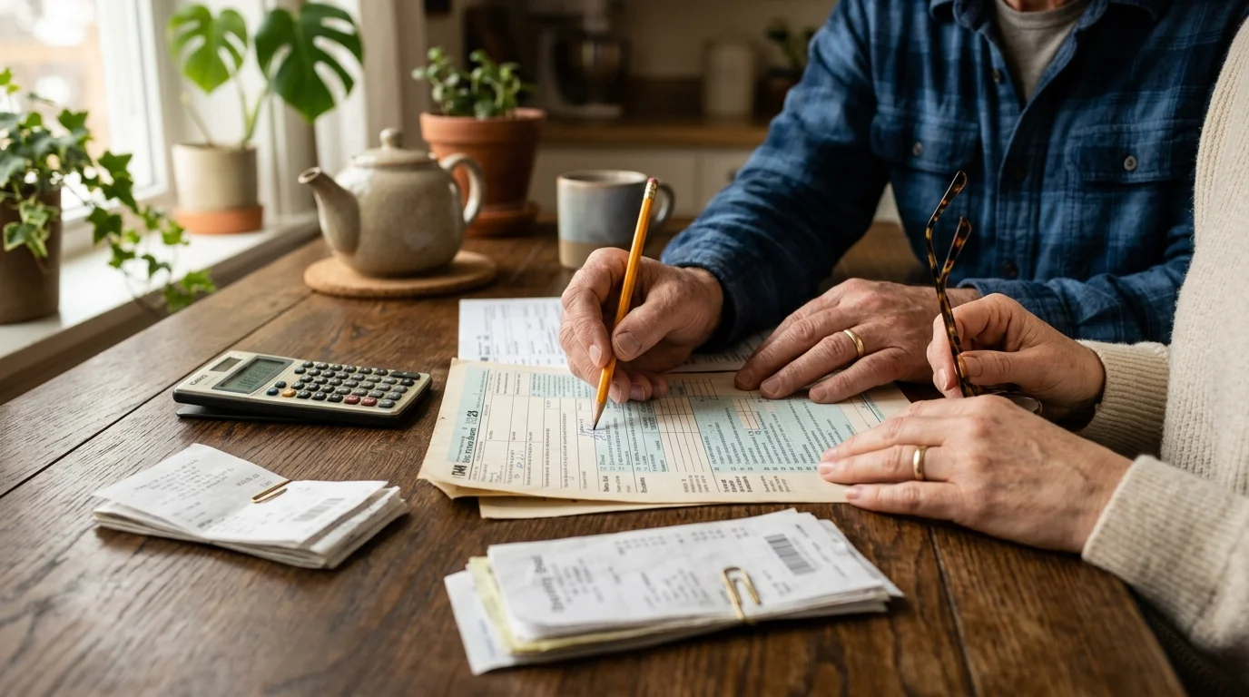 A close-up photograph of hands analyzing financial documents and a calculator on a wooden table.