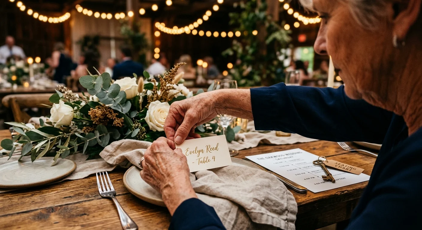 A close-up shot of a retiree's hands placing a name card on a rustic wedding reception table.