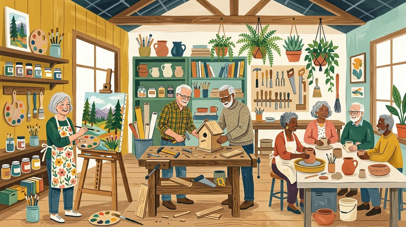 A colorful illustration of active senior residents painting and woodworking together in a bright community creative studio.