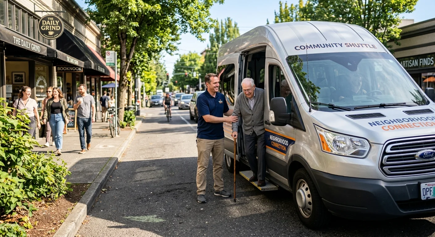 A community shuttle driver helping a senior resident step down from the van in a lively, sun-drenched downtown shopping district.