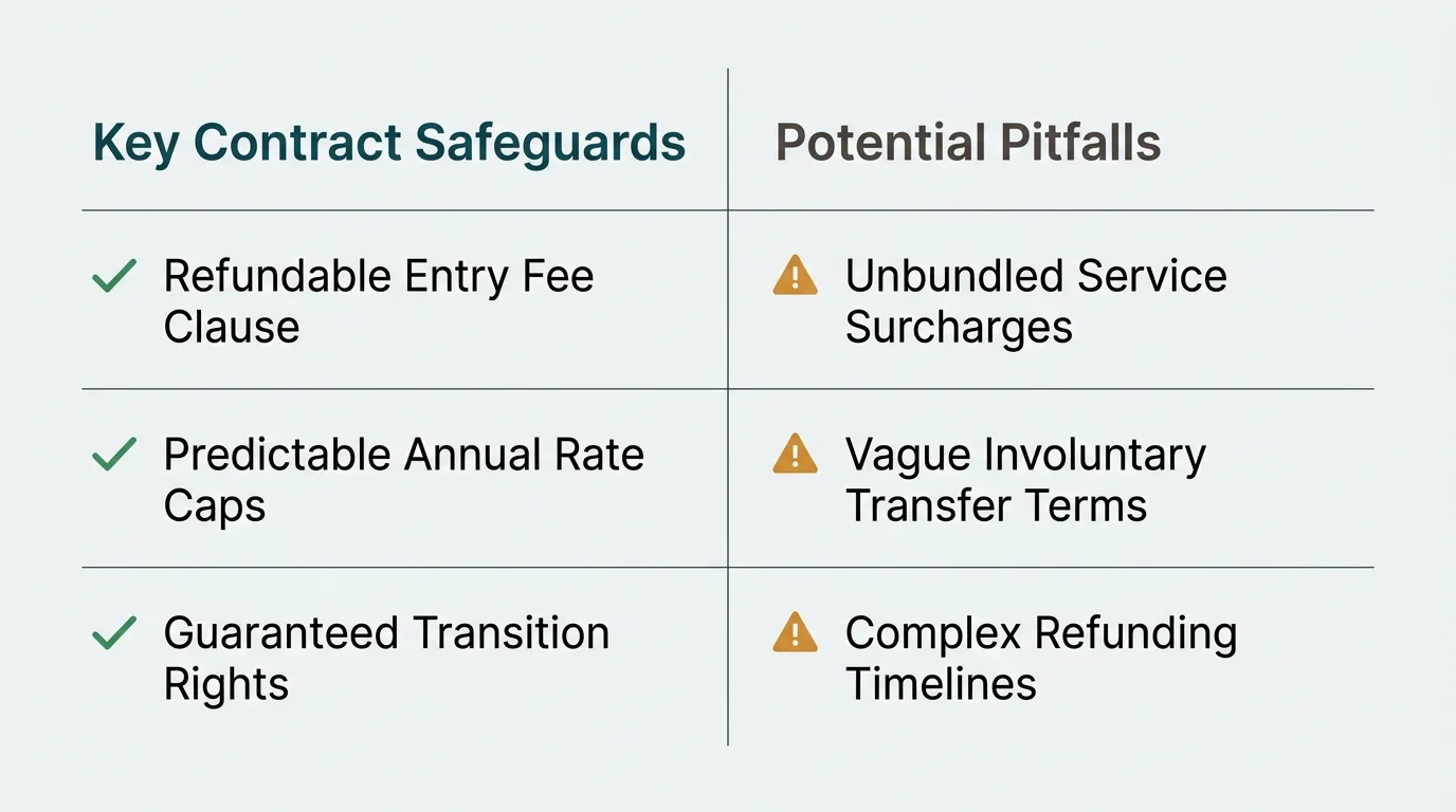 A comparative checklist diagram outlining contract safeguards to look for and potential contract pitfalls to avoid.