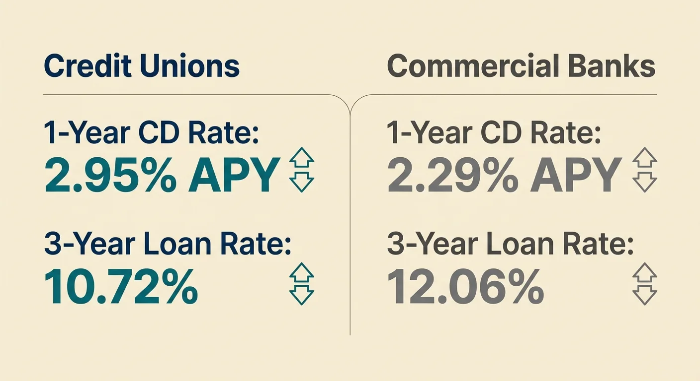 A comparison chart showing Credit Union rates of 2.95% on CDs and 10.72% on loans versus Commercial Bank rates.