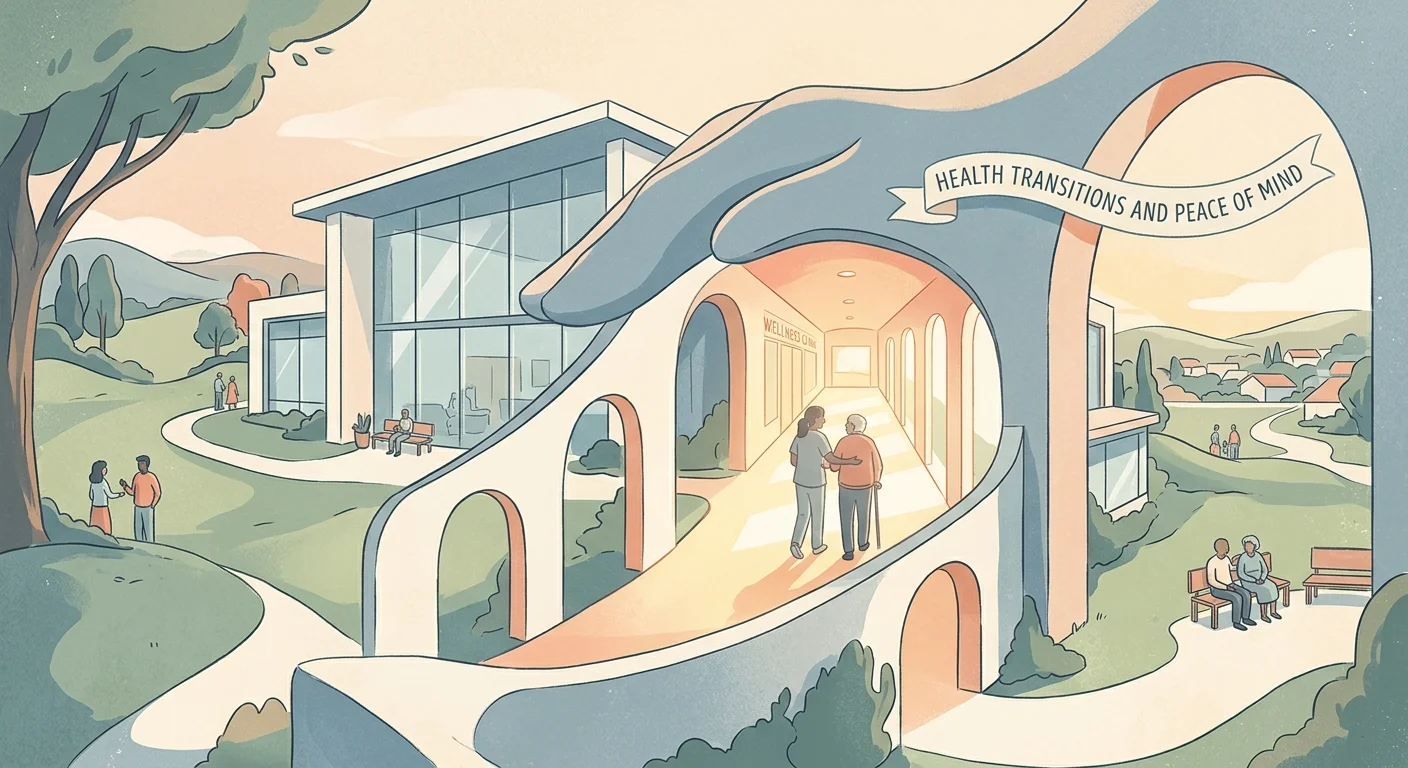 A conceptual, comforting illustration of a modern community care center cradled by protective architectural arches.