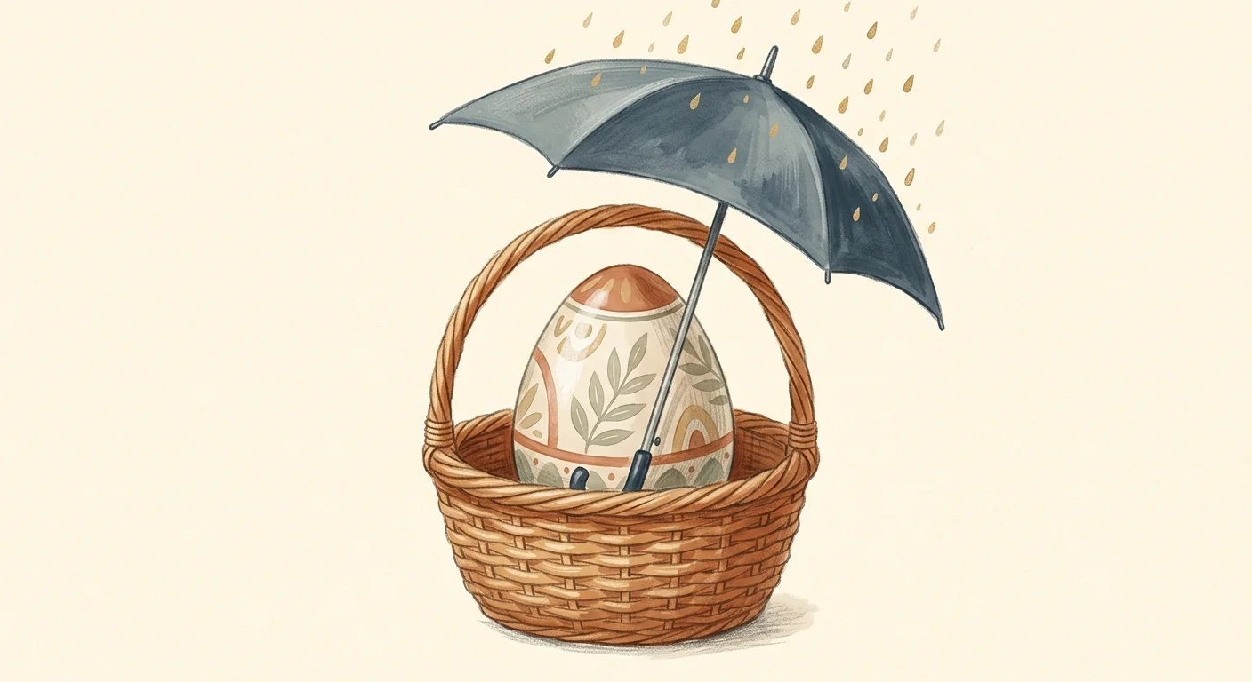A conceptual gouache illustration of a decorated ceramic egg nested in a basket, protected by an umbrella.