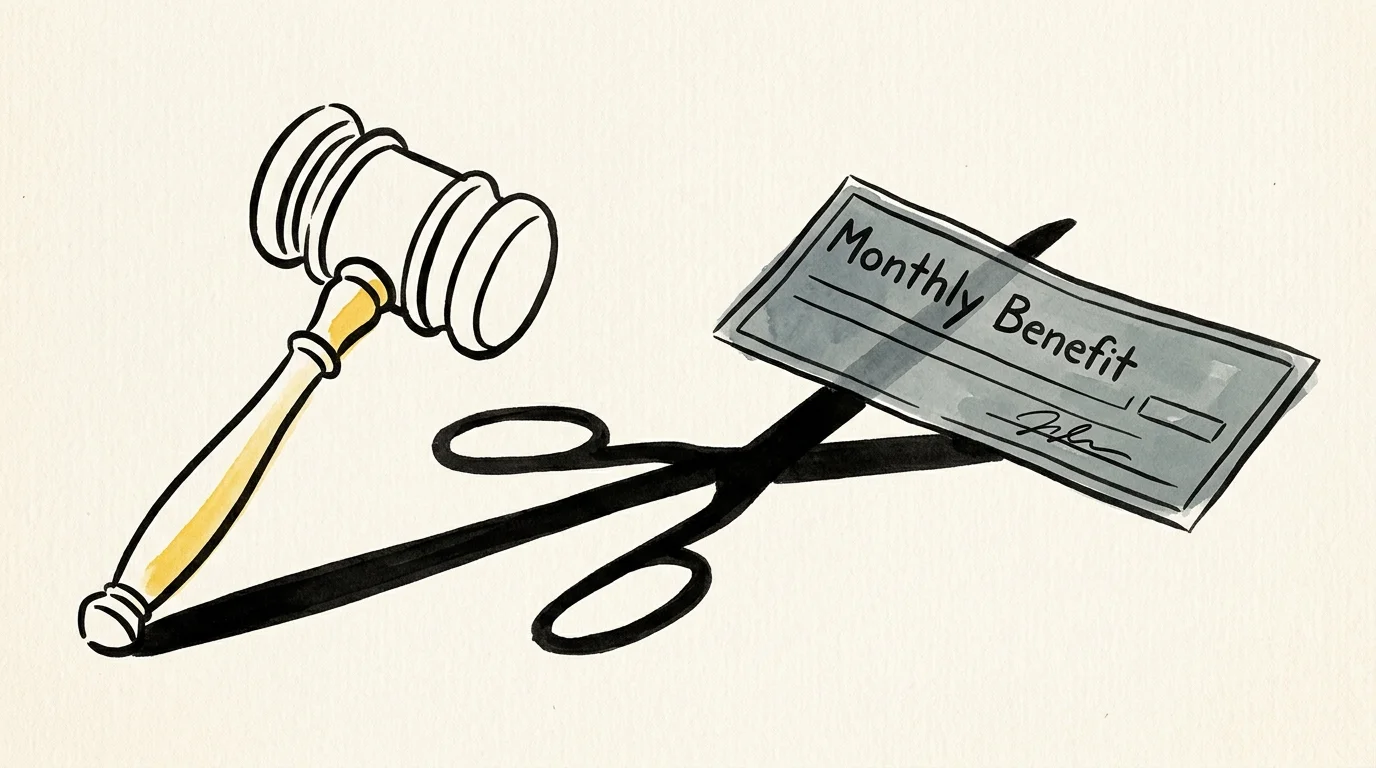 A conceptual ink and watercolor illustration showing a judge's gavel casting a scissor-like shadow over a monthly benefit check.