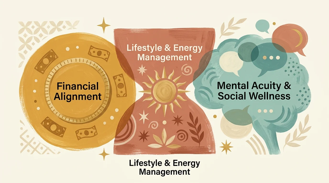 A conceptual modern gouache illustration of three interlocking symbols representing finance, lifestyle, and mental wellness.
