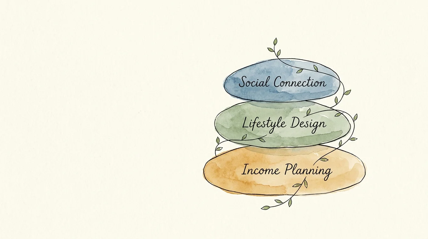 A conceptual watercolor illustration of three balanced stones labeled Income Planning, Lifestyle Design, and Social Connection.