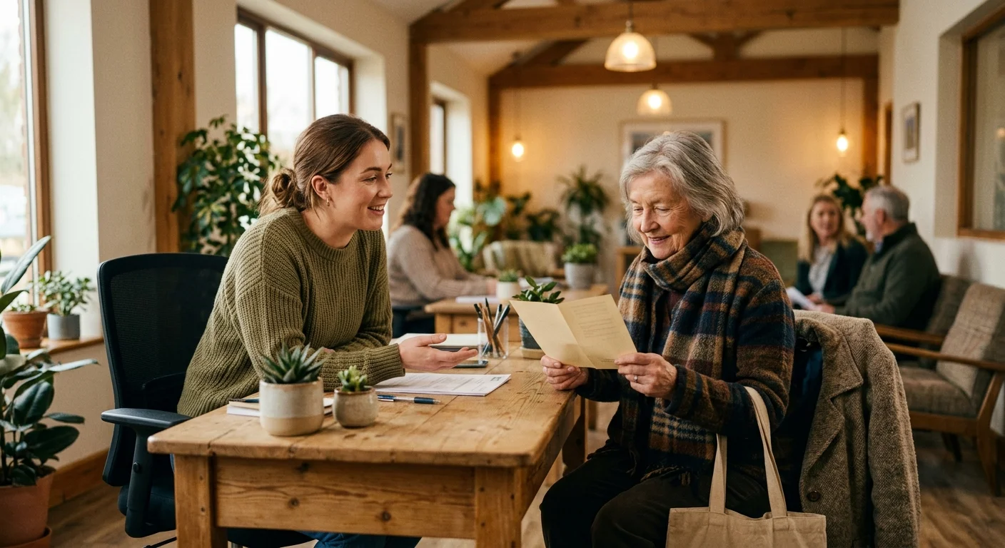 A credit union employee and a senior member chat warmly at a wood desk in a cozy, plant-filled branch lobby.