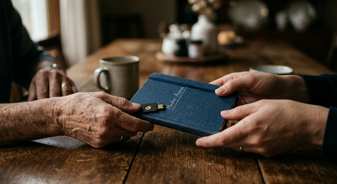 A detailed close-up photograph of an older hand passing a USB security key and a 'Master Access' notebook to a younger hand.