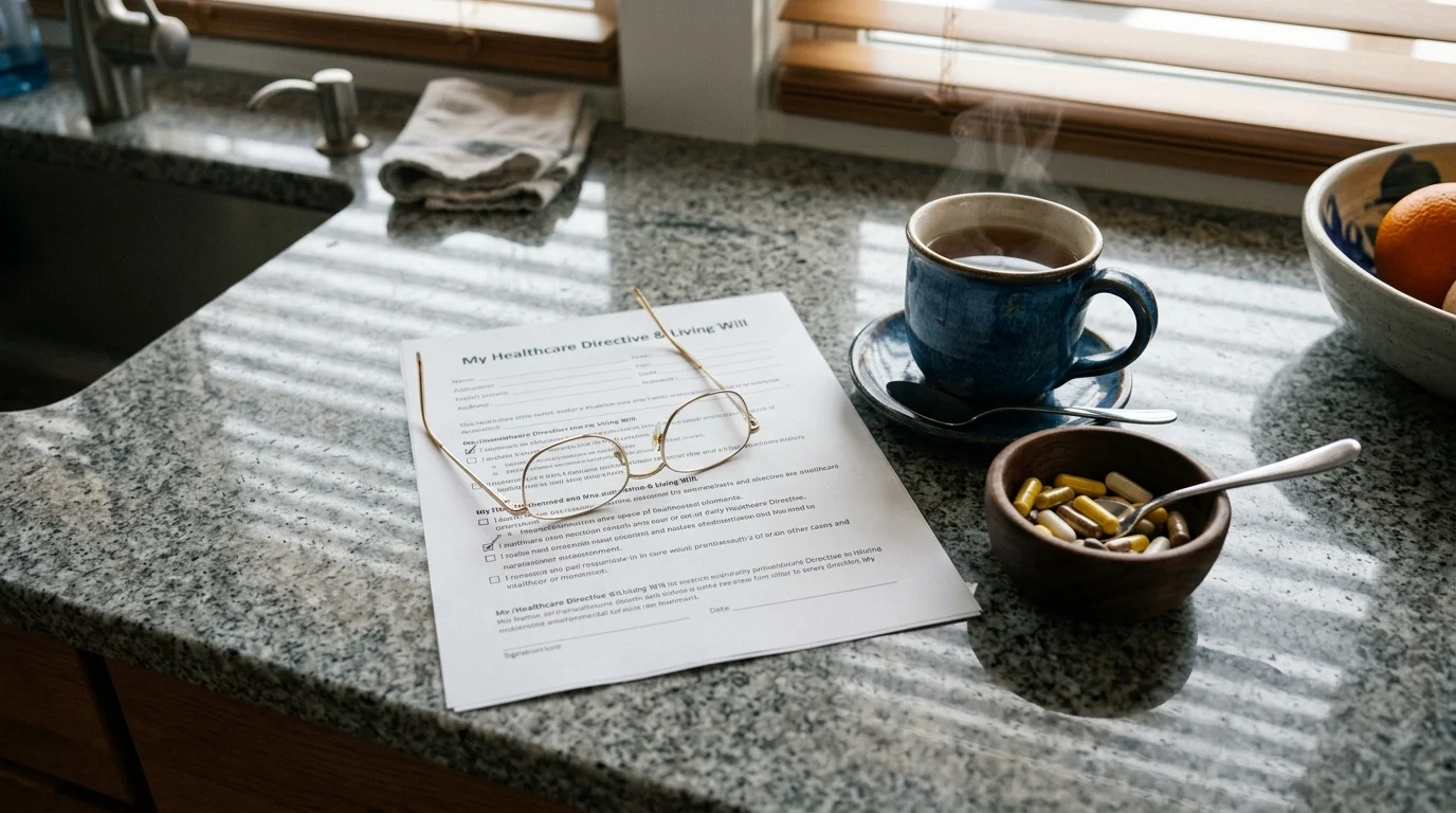 A documentary shot of a healthcare directive document next to a warm mug of tea on a granite kitchen counter.
