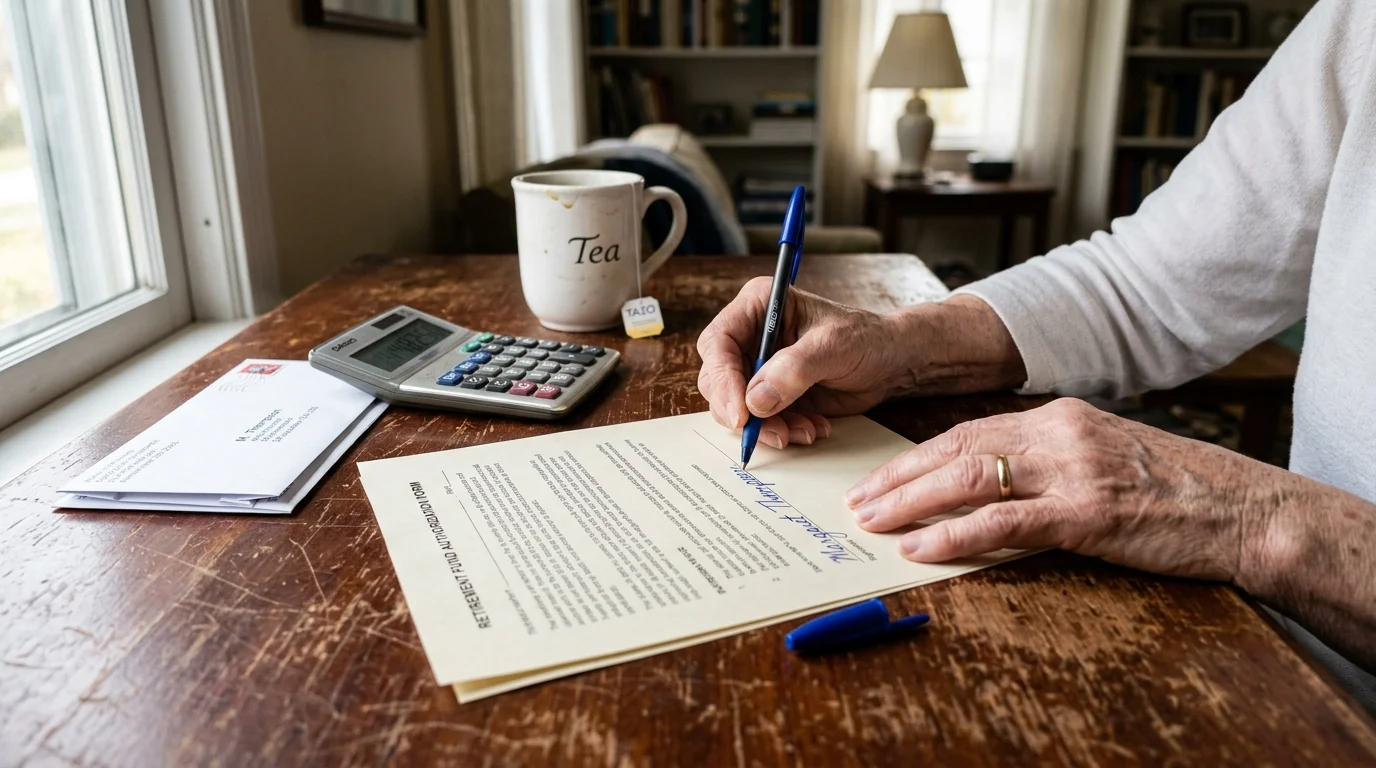 A documentary-style close-up photo of a senior's hands carefully signing a financial document on a warm wooden desk.