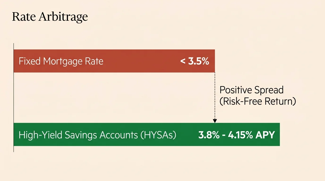 A financial diagram comparing a fixed mortgage rate under 3.5% to high-yield savings account rates between 3.8% and 4.15%.