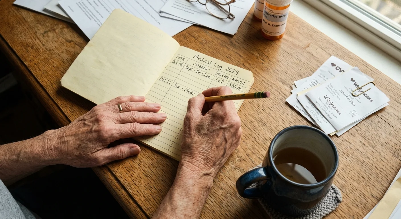 A first-person view of a hand writing medical expenses into an organized log book on a wooden desk.