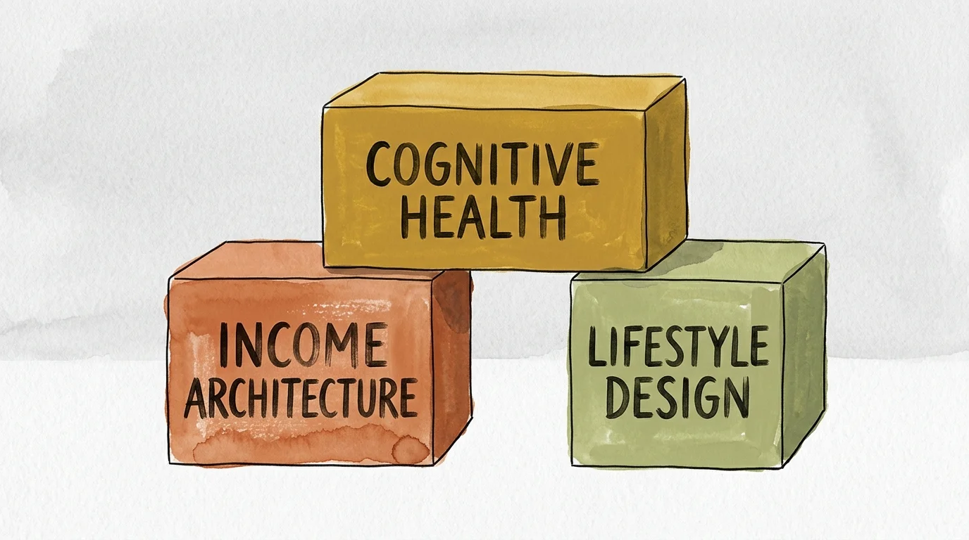 A gouache illustration of three balanced wooden blocks labeled Income Architecture, Lifestyle Design, and Cognitive Health.