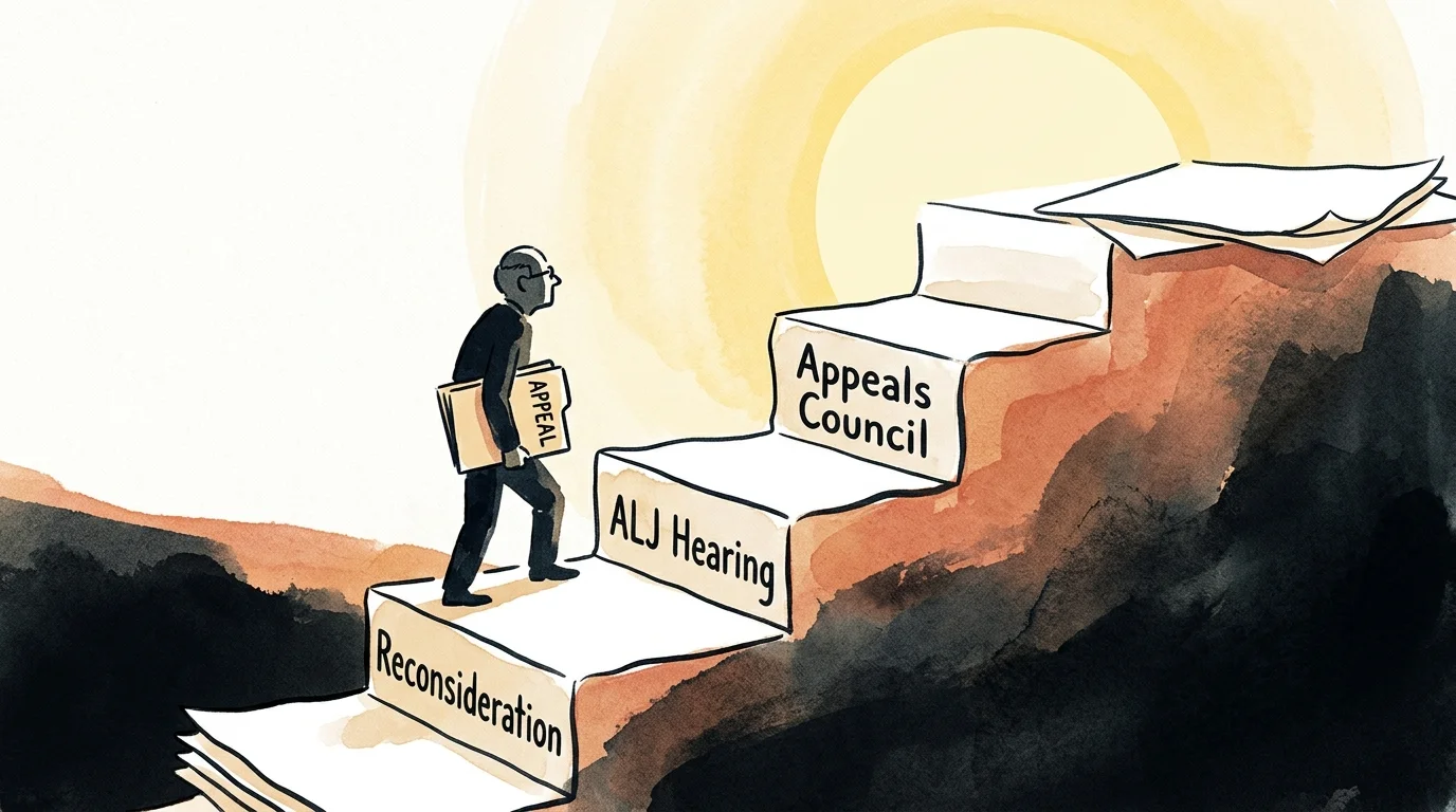 A graphic illustration showing a silhouette climbing steps labeled Reconsideration, ALJ Hearing, and Appeals Council.