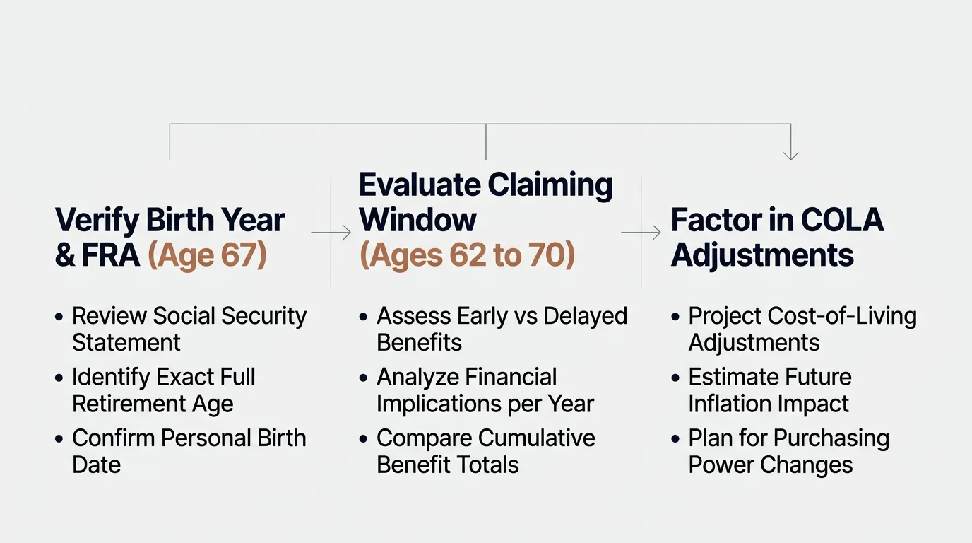 A horizontal 3-step flowchart outlining strategic pillars: Verify Birth Year, Evaluate Claiming Window, and Factor in COLA.