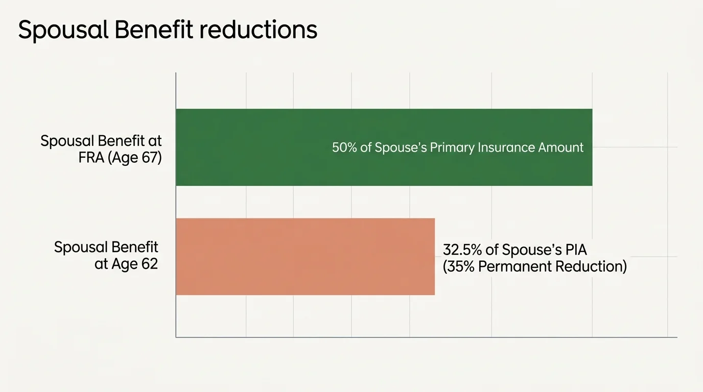 A horizontal bar chart illustrating the drop in spousal benefits from 50% of PIA at Full Retirement Age to 32.5% at Age 62.