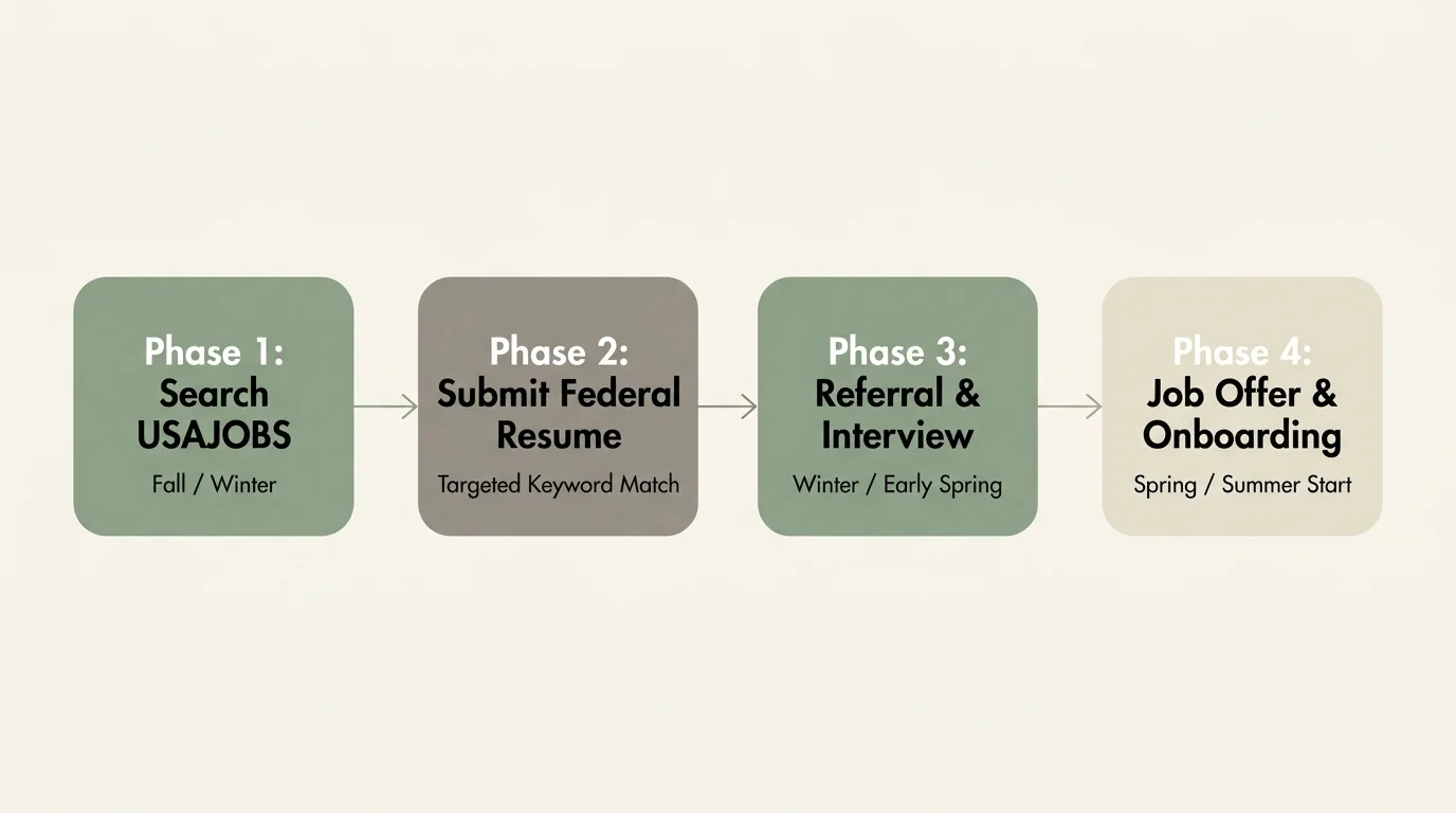 A horizontal flowchart outlining the federal hiring timeline from USAJOBS search in Fall to onboarding in Spring.