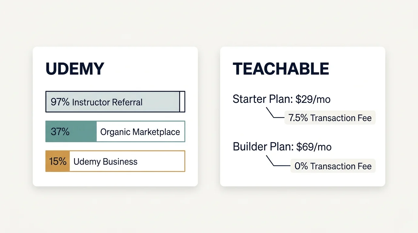 A horizontal infographic comparing Udemy and Teachable commission rates, plan costs, and transaction fees.