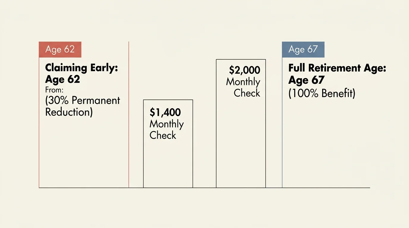A horizontal timeline diagram comparing a $1,400 monthly benefit at Age 62 against a $2,000 benefit at Full Retirement Age 67.