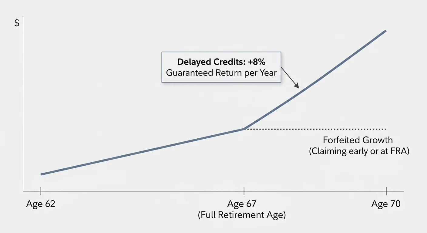 A line graph showing the upward trajectory of Social Security benefits from Age 62 to Age 70, highlighting the 8% annual delayed credits.