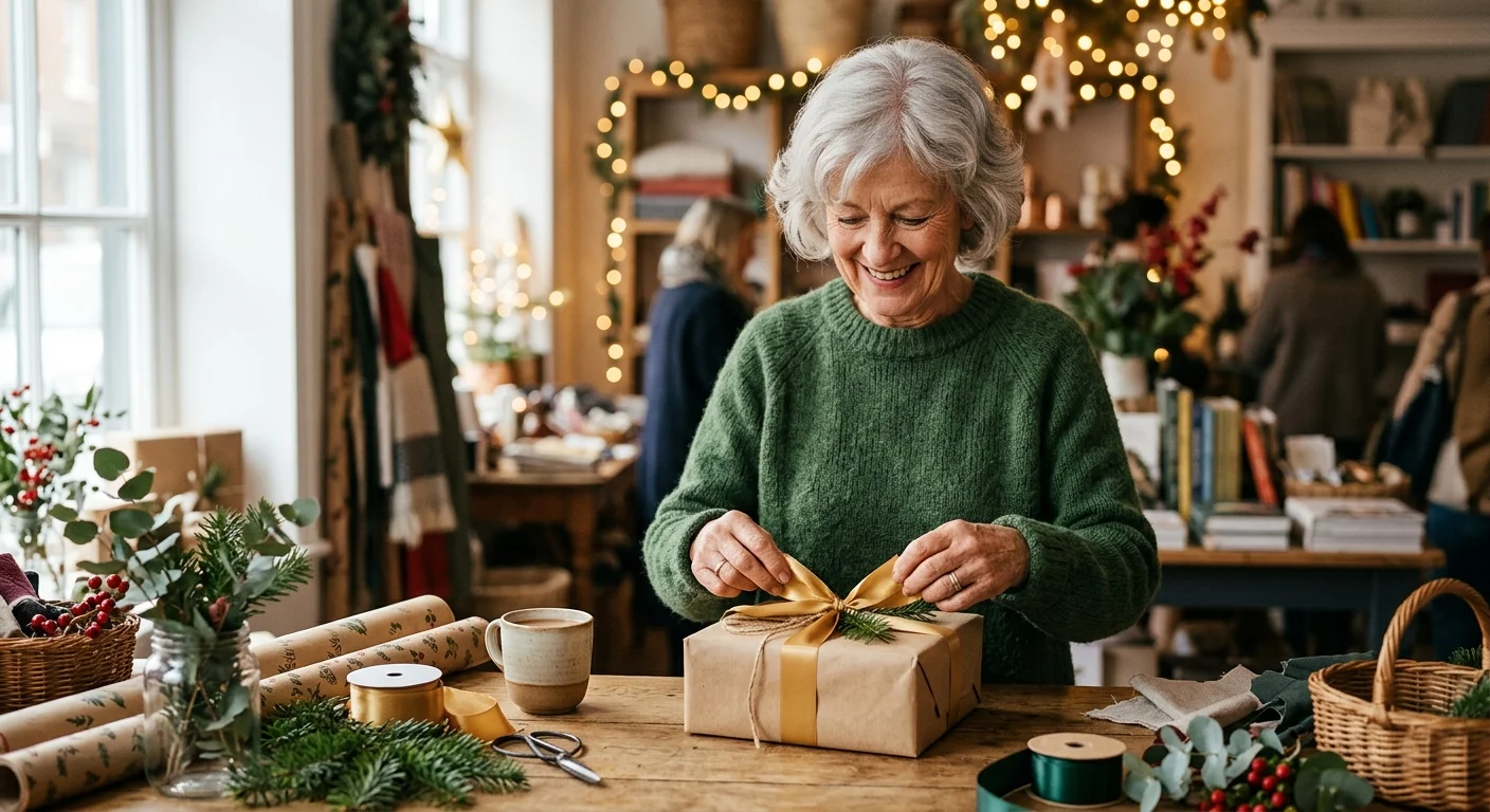 A mature woman with silver hair carefully wraps a gift box with a gold ribbon in a cozy holiday retail boutique.