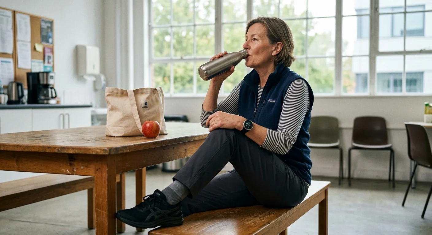 A mature woman sitting on a wooden bench in a breakroom drinks from a stainless steel water bottle.