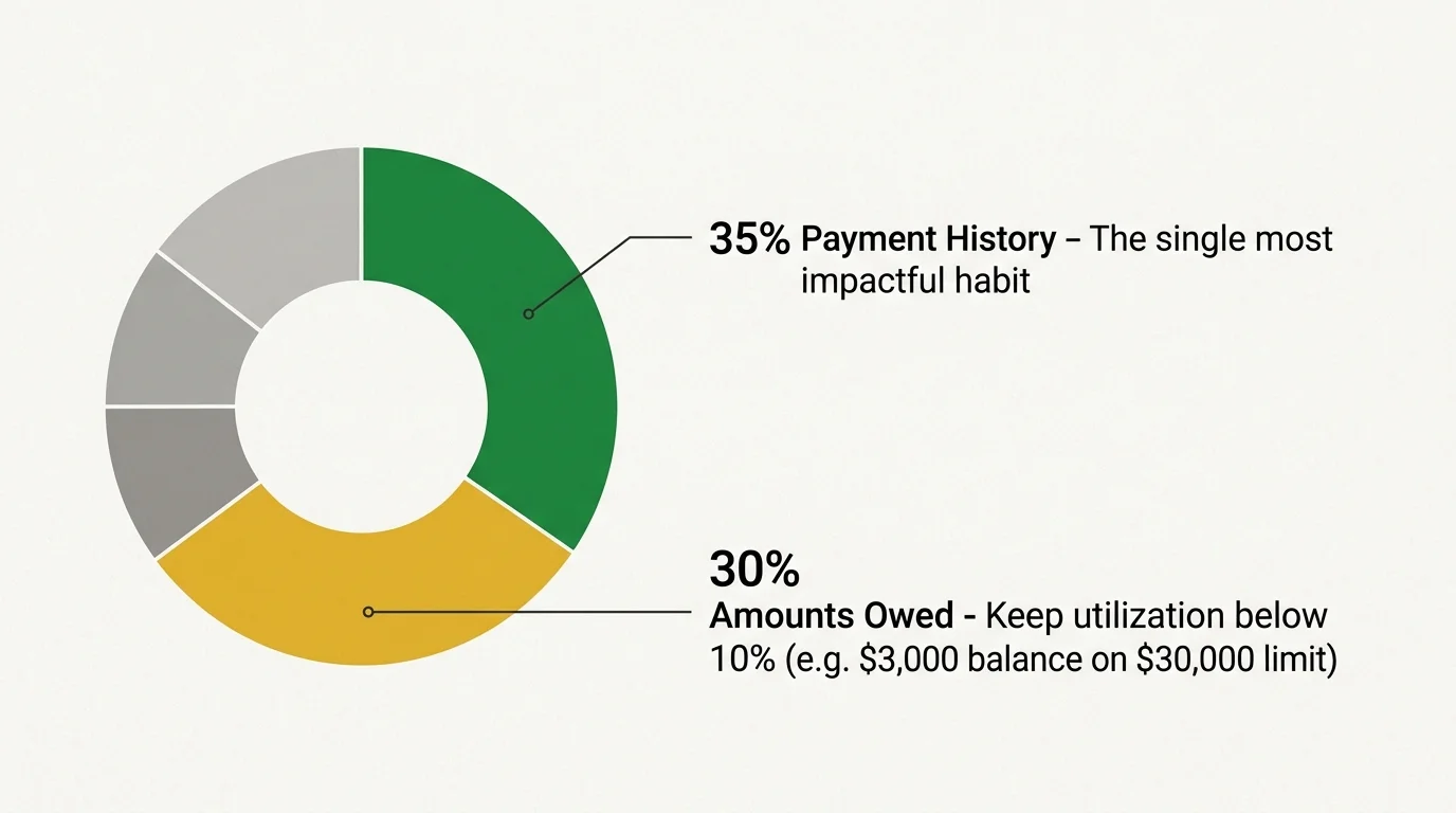 A minimalist donut chart showing FICO score weights: 35% Payment History and 30% Amounts Owed with a callout to keep utilization below 10%.
