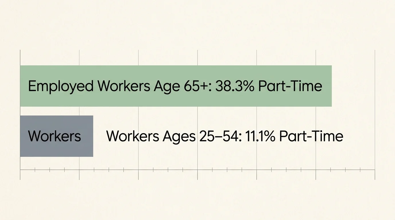 A minimalist infographic comparing part-time employment rates: 38.3% for workers age 65+ versus 11.1% for prime-age workers.