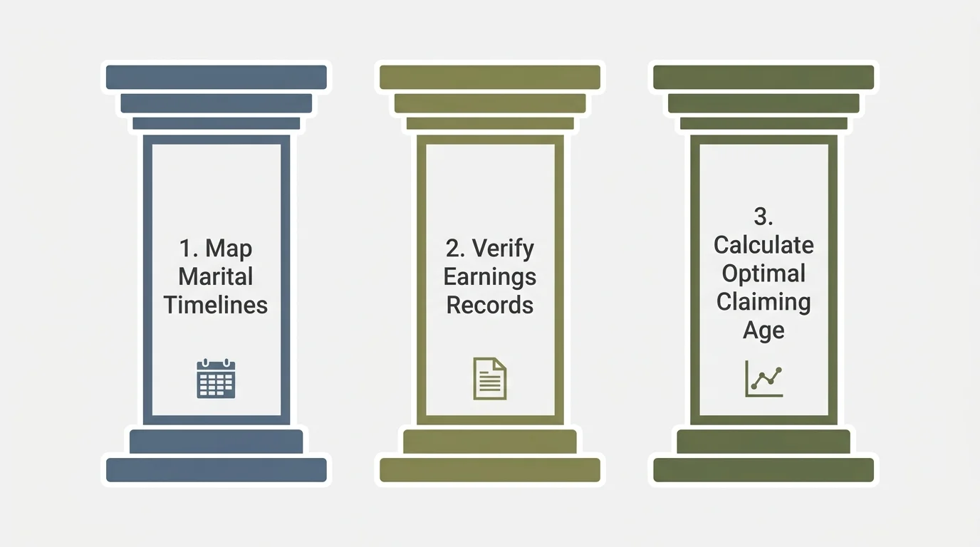A minimalist three-pillar infographic outlining the steps: Map Marital Timelines, Verify Earnings, and Calculate Claiming Age.