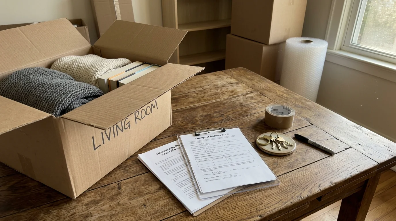 A moving box, house keys, and a change of address form on a wooden table, shot in a warm documentary style.