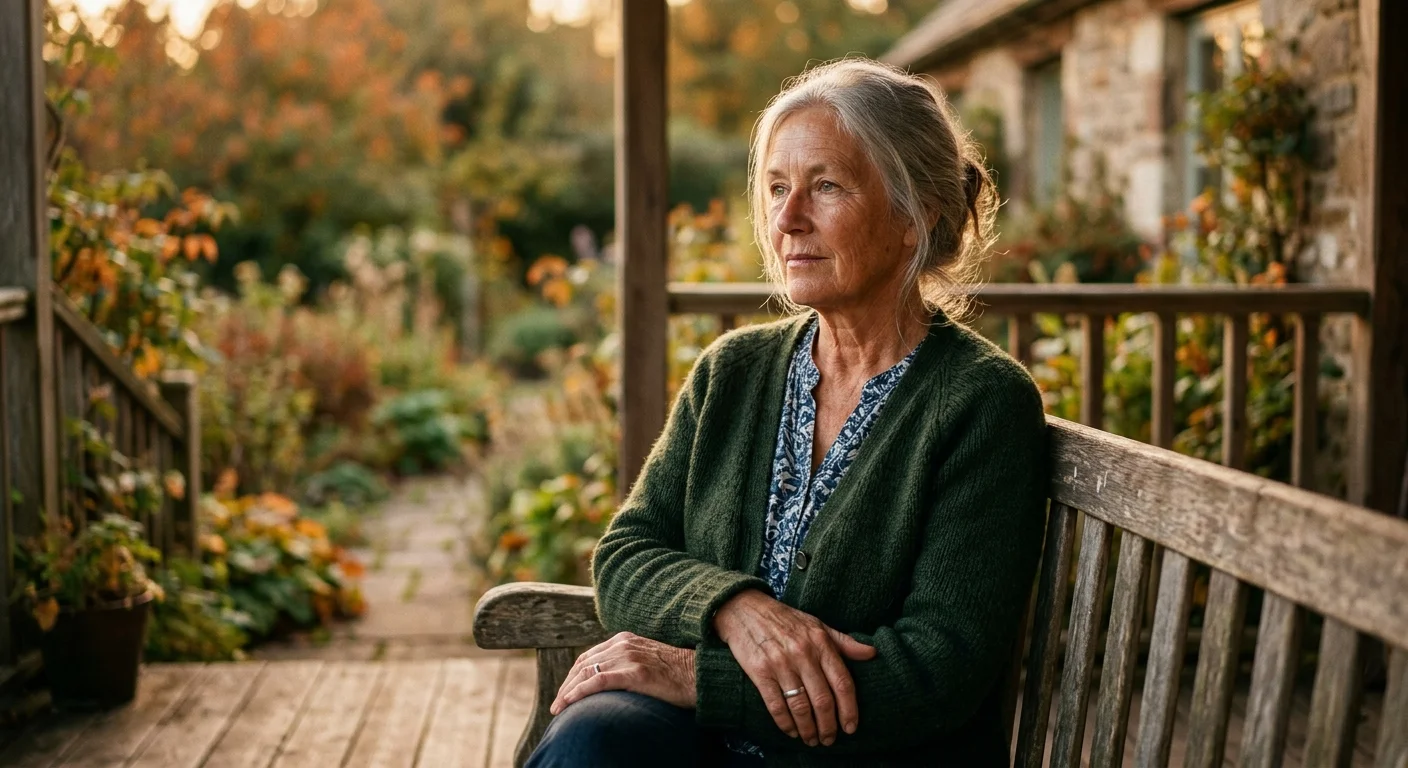 A reflective portrait of an older woman looking out from her porch at sunset, captured in soft, cinematic afternoon light.