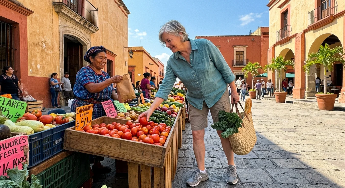 A retired American woman buying fresh produce at an outdoor market in a sunny, historic Latin American plaza.