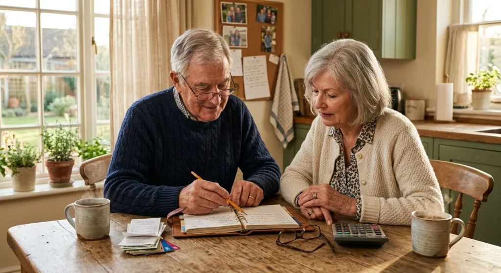 A retired couple at their warm kitchen table organizing receipts and a planner under soft afternoon sunlight.
