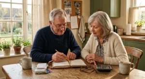 A retired couple at their warm kitchen table organizing receipts and a planner under soft afternoon sunlight.