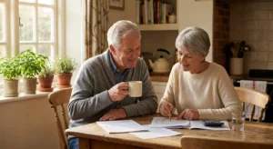 A retired couple reviews their finances together at a sunlit wooden kitchen table, looking relaxed and optimistic.
