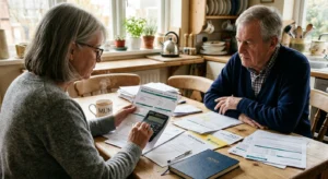 A retired couple sits at a wooden kitchen table reviewing paper insurance policies in warm morning light.