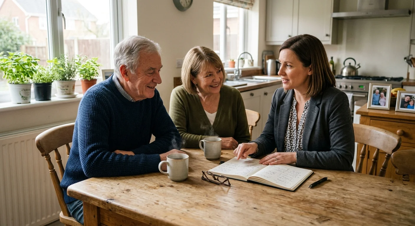 A retired couple sits at their kitchen table with a financial planner, discussing their retirement business strategy.